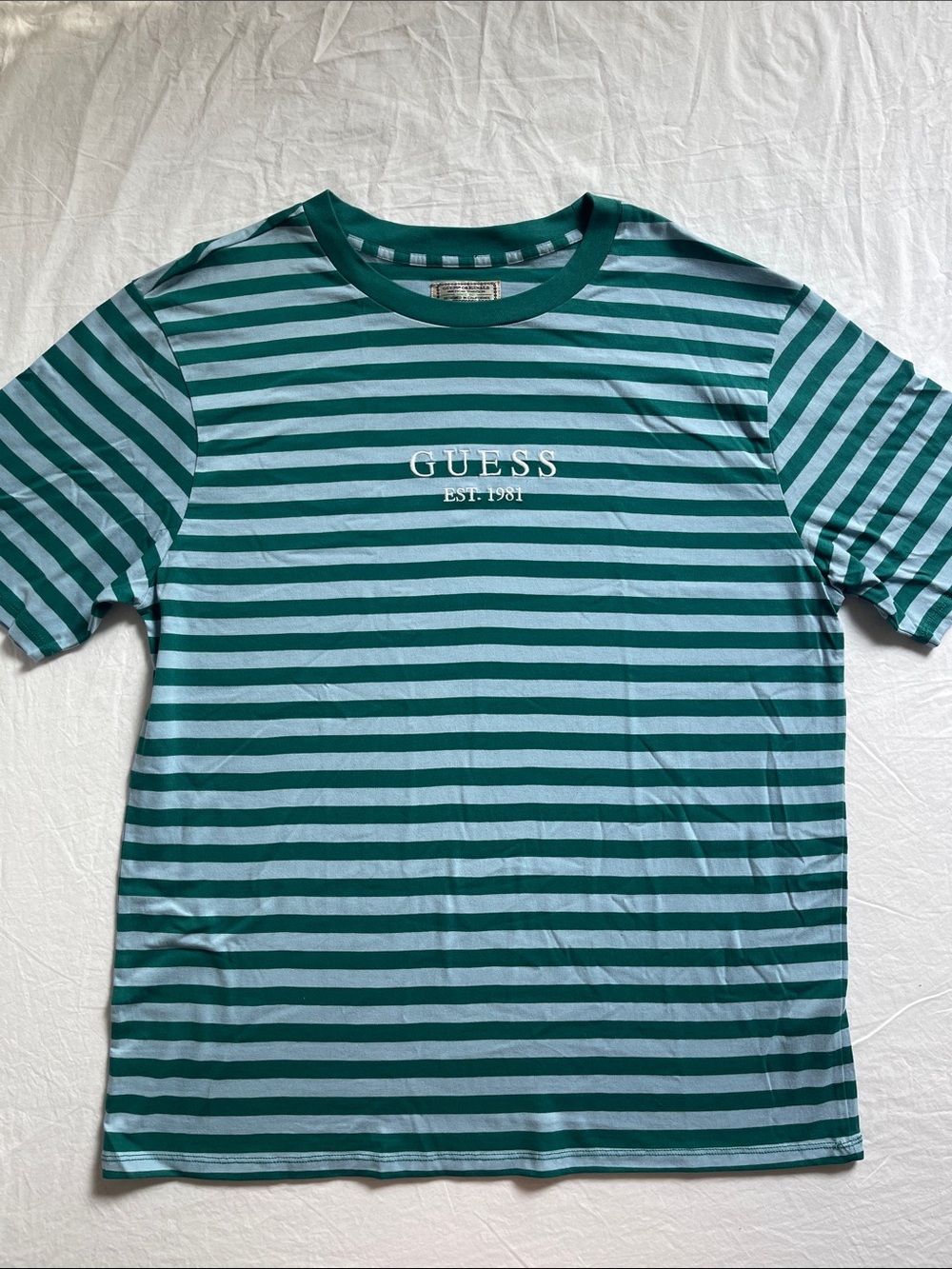 GUESS Green and Light Blue Striped Short Sleeve Tee